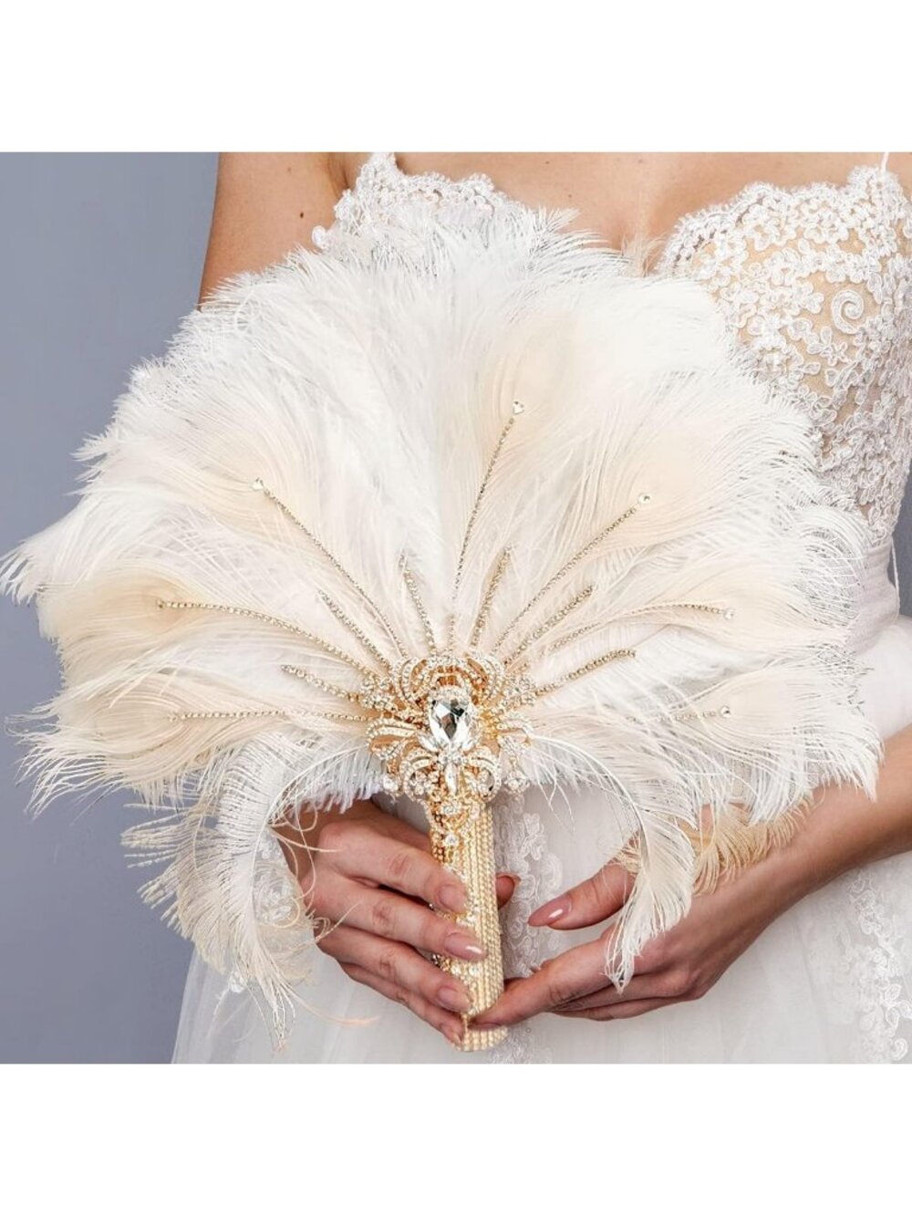 Elegant Gold Feather Bridal Bouquet - Large Ostrich Fan, 1920s Art Deco Wedding